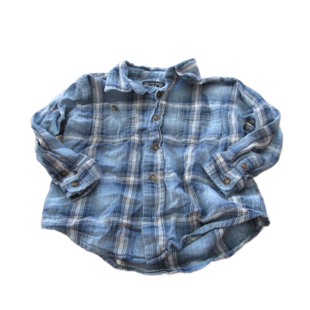 Childrens Place Button Front Shirt Boys Size 24M Blue Plaid Long Sleeve Collar